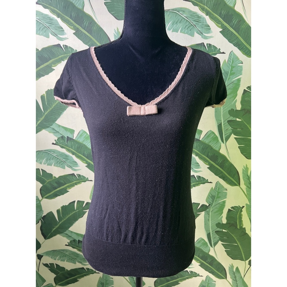H&M‎ Short Sleeve Knit Top Women Medium Black Tan Bow Detail